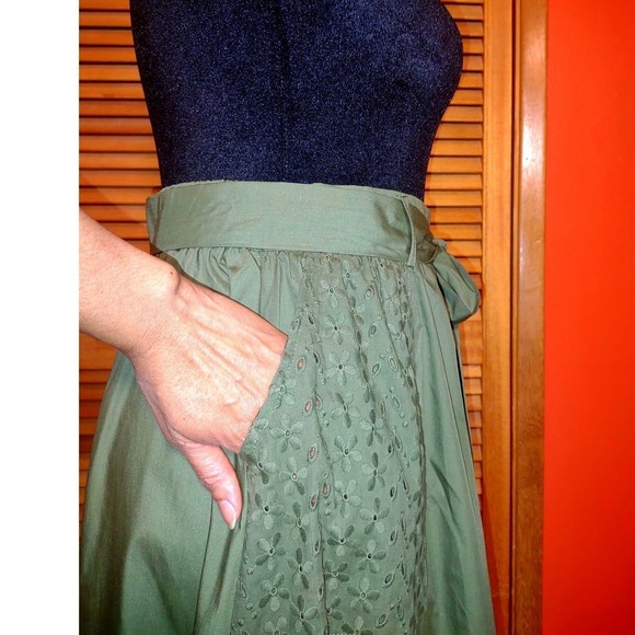 Olive Green Cotton Eyelet Maxi Skirt - Sheen Buttons Bow Tie Elastic Waist - S - Picture 10 of 13